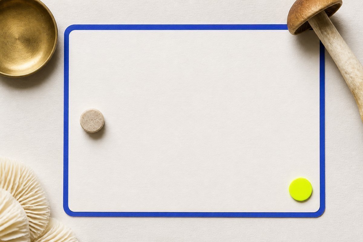 Bone review card, cobalt edge, lime chip: brass saucer, same daily tablet, no cut mark