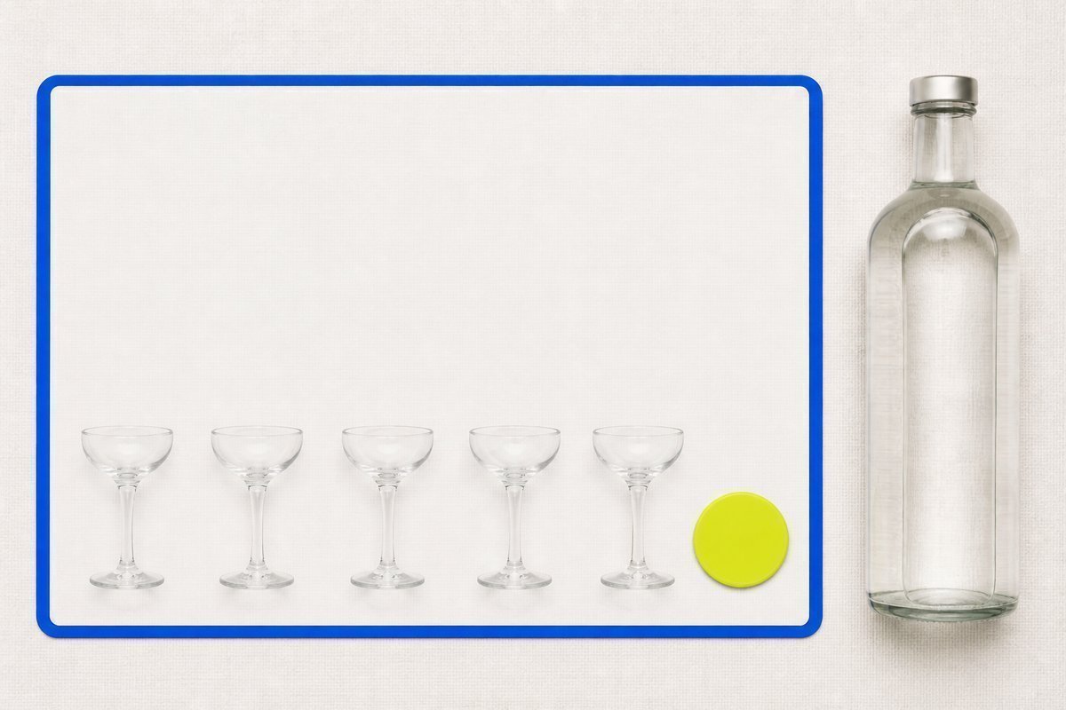 Bone review card, cobalt edge, lime chip: five empty stems, daily bottle far right