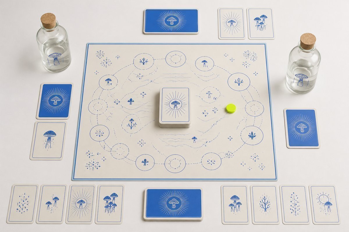 Bone review card, cobalt edge, lime chip: two stable bottles, gap of hours