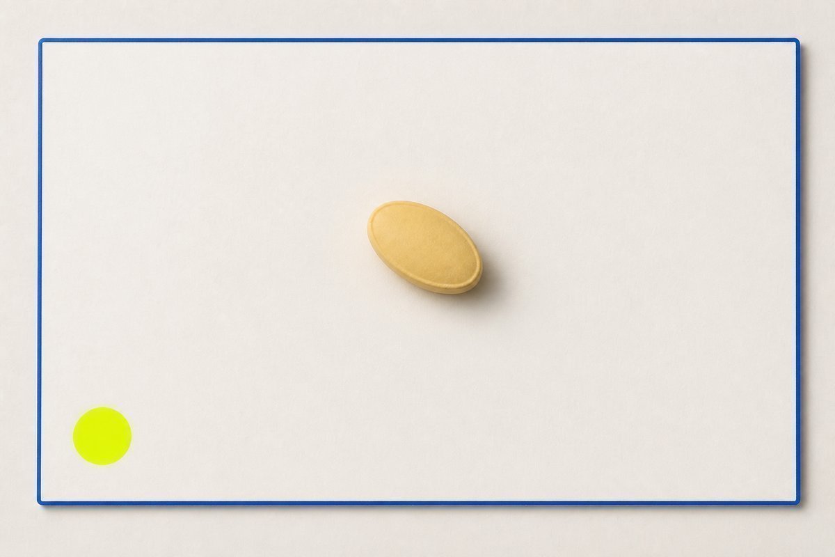 Bone review card, cobalt edge, lime chip: bone card, cobalt edge, lime dot, one daily pale tablet