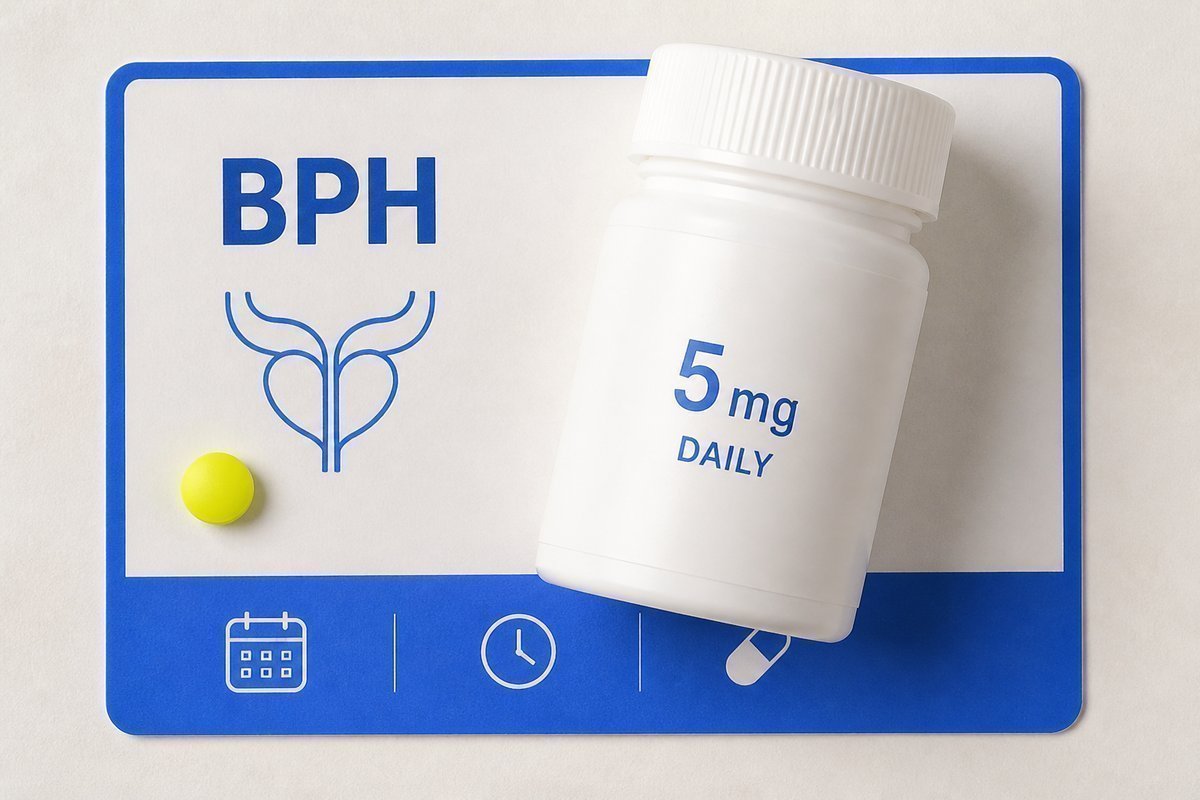 Bone review card, cobalt edge, lime chip: 5 mg daily bottle on a BPH card