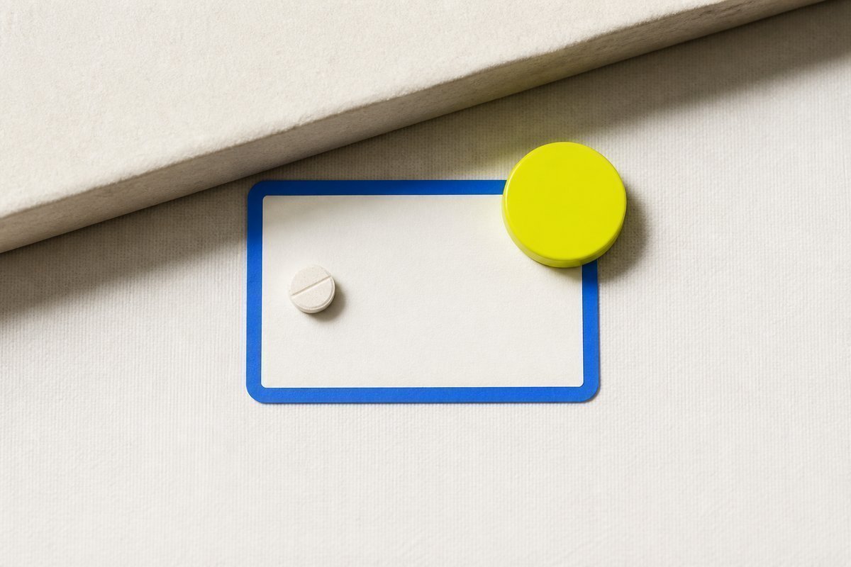 Bone review card, cobalt edge, lime chip: tiny 2.5 daily tablet under a low ceiling