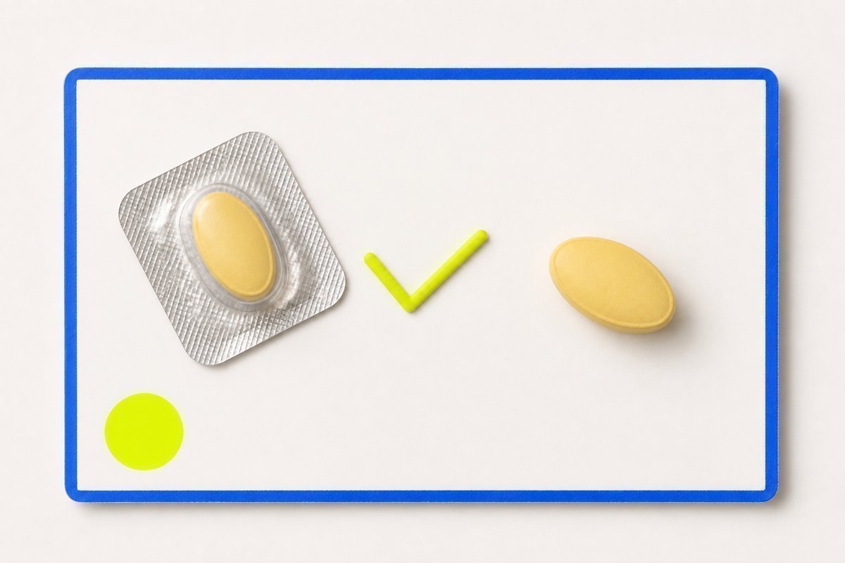 Bone review card, cobalt edge, lime chip: two daily tablets, one still in foil, lime tick