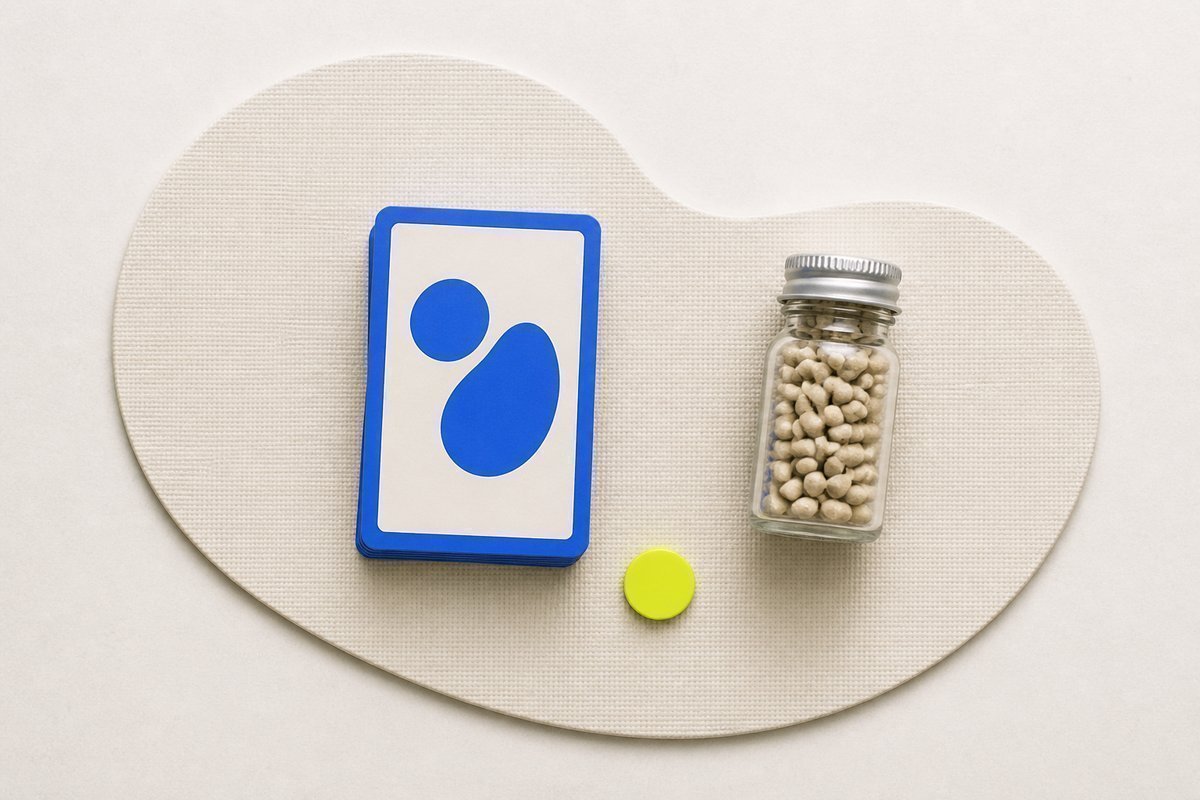 Bone review card, cobalt edge, lime chip: kidney stone shape, daily bottle closed under 30