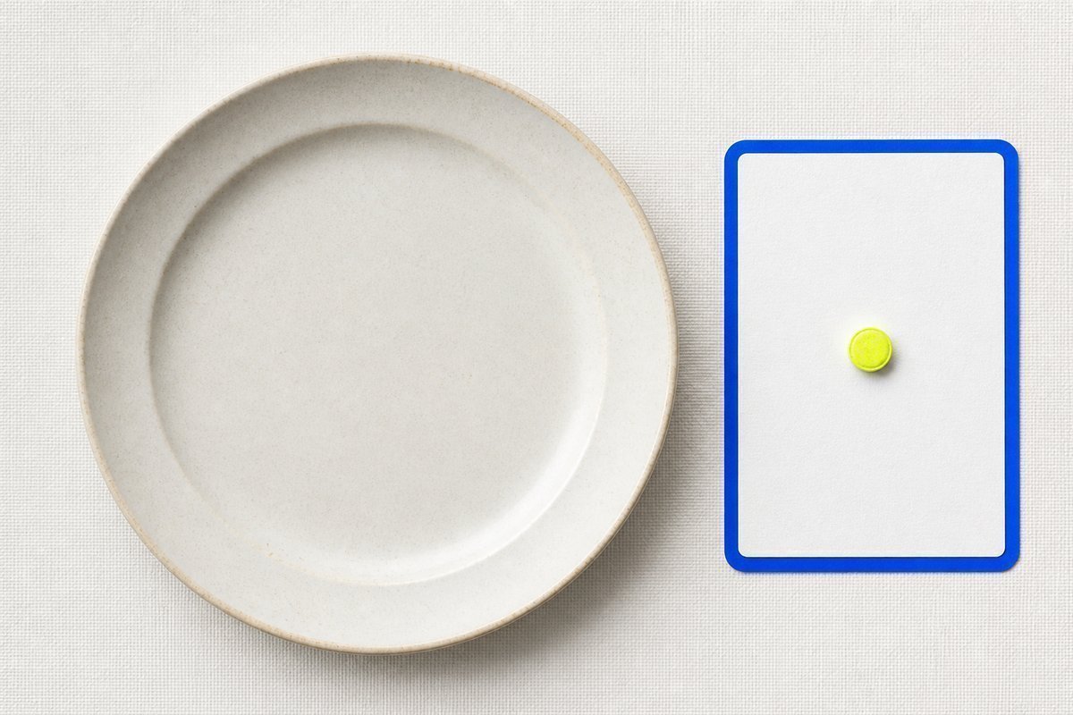 Bone review card, cobalt edge, lime chip: empty breakfast plate, daily tablet on the card