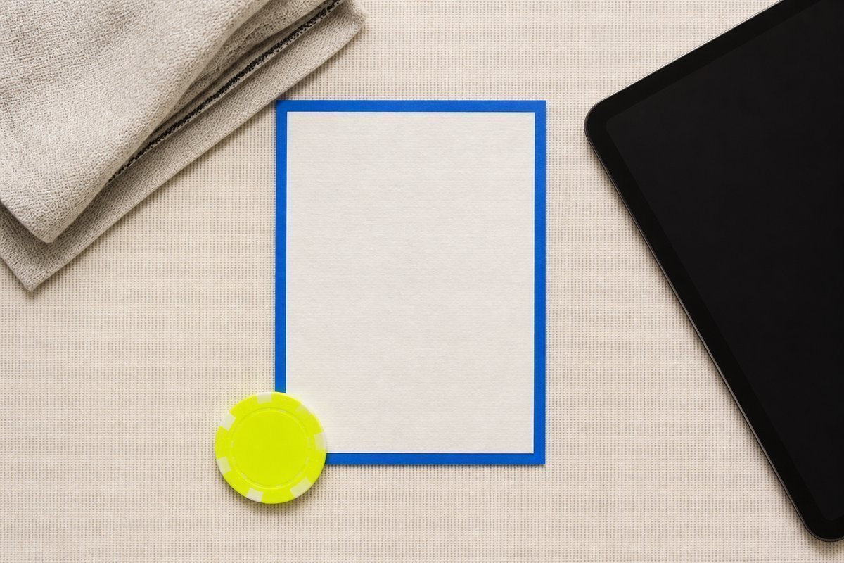 Bone review card, cobalt edge, lime chip: folded linen at the back, daily tablet aside