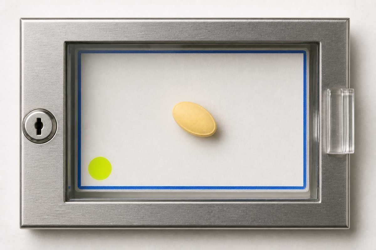 Bone review card, cobalt edge, lime chip: locked aisle gate on bone paper, tablet behind glass