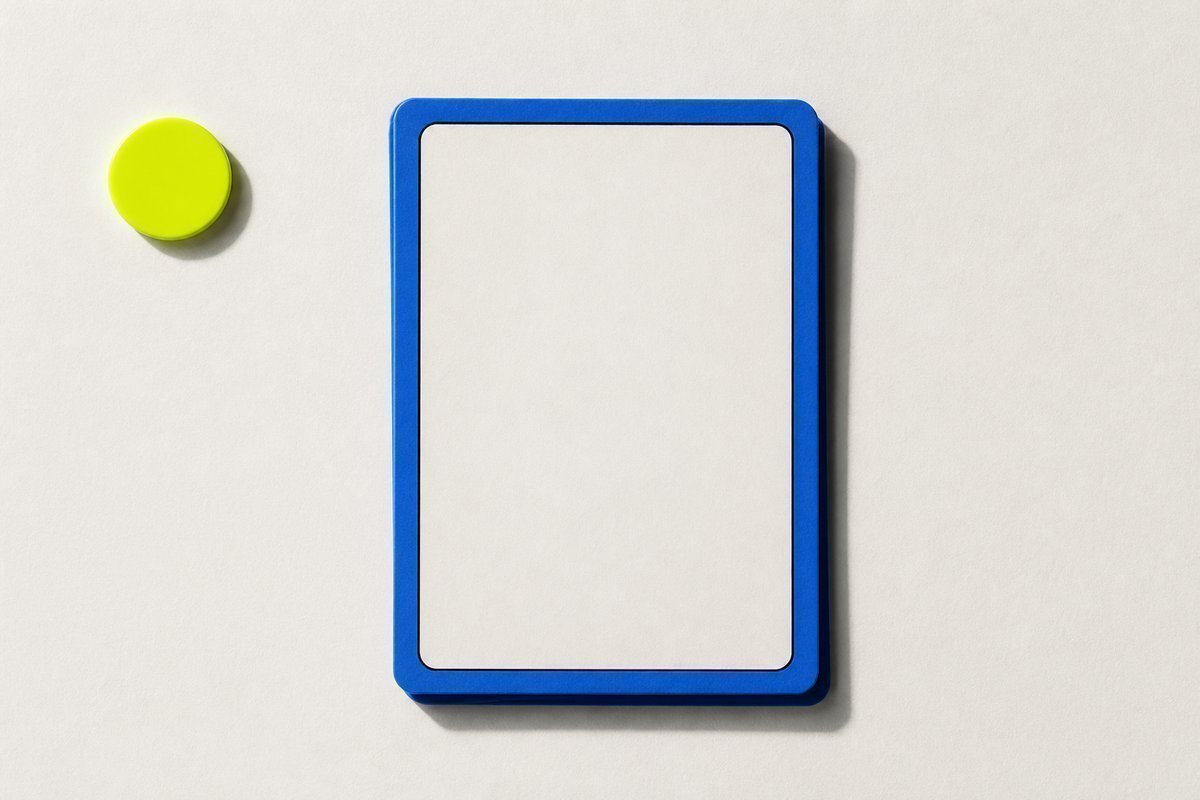 Bone review card, cobalt edge, lime chip: 1.6 stacked shadows of one tablet
