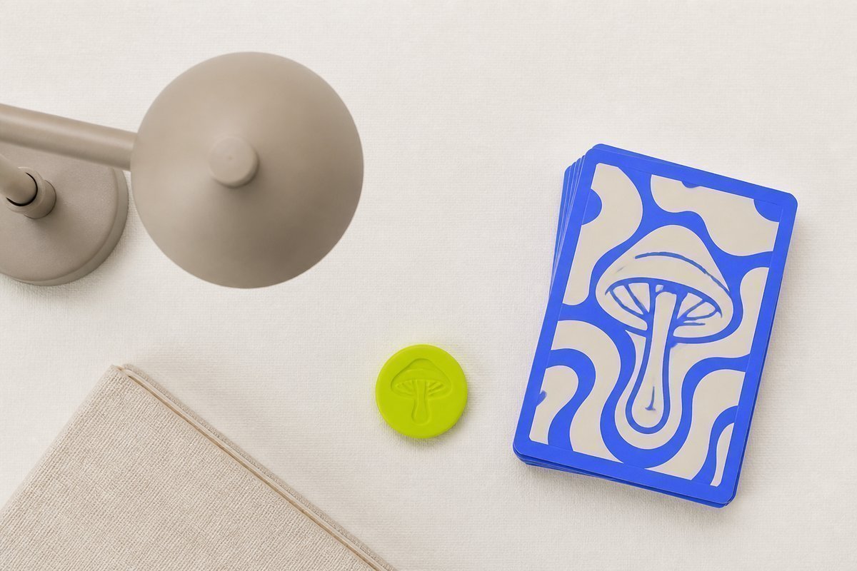 Bone review card, cobalt edge, lime chip: unlit lamp, daily tablet waiting