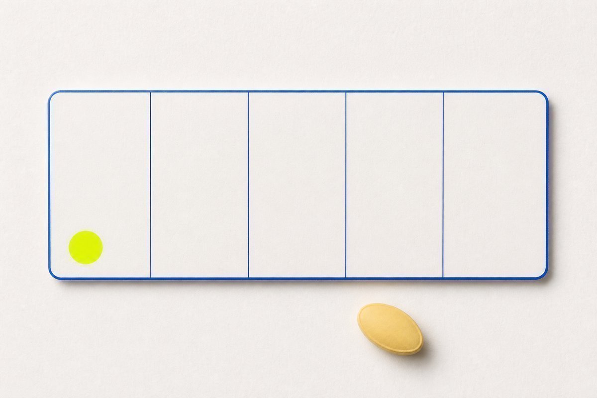 Bone review card, cobalt edge, lime chip: five-day marks to a steady bottle