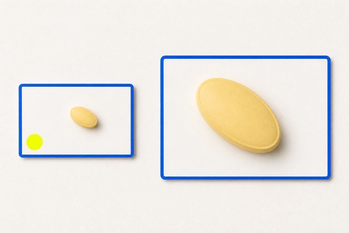 Bone review card, cobalt edge, lime chip: small daily pair versus one large weekend tablet