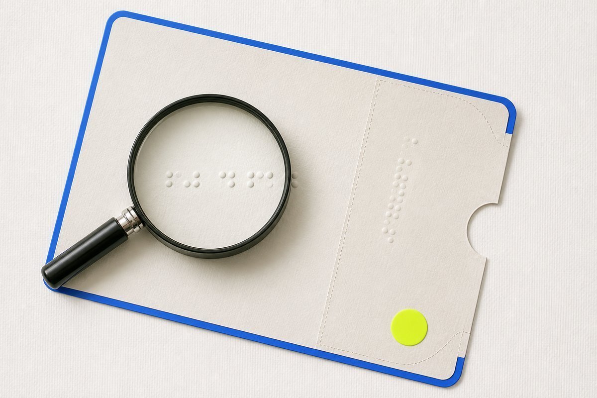 Bone review card, cobalt edge, lime chip: loupe on an enalapril mailer