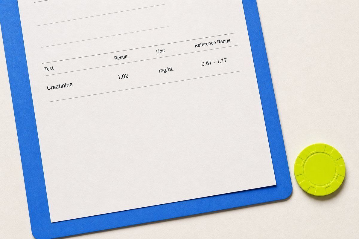Bone review card, cobalt edge, lime chip: creatinine slip