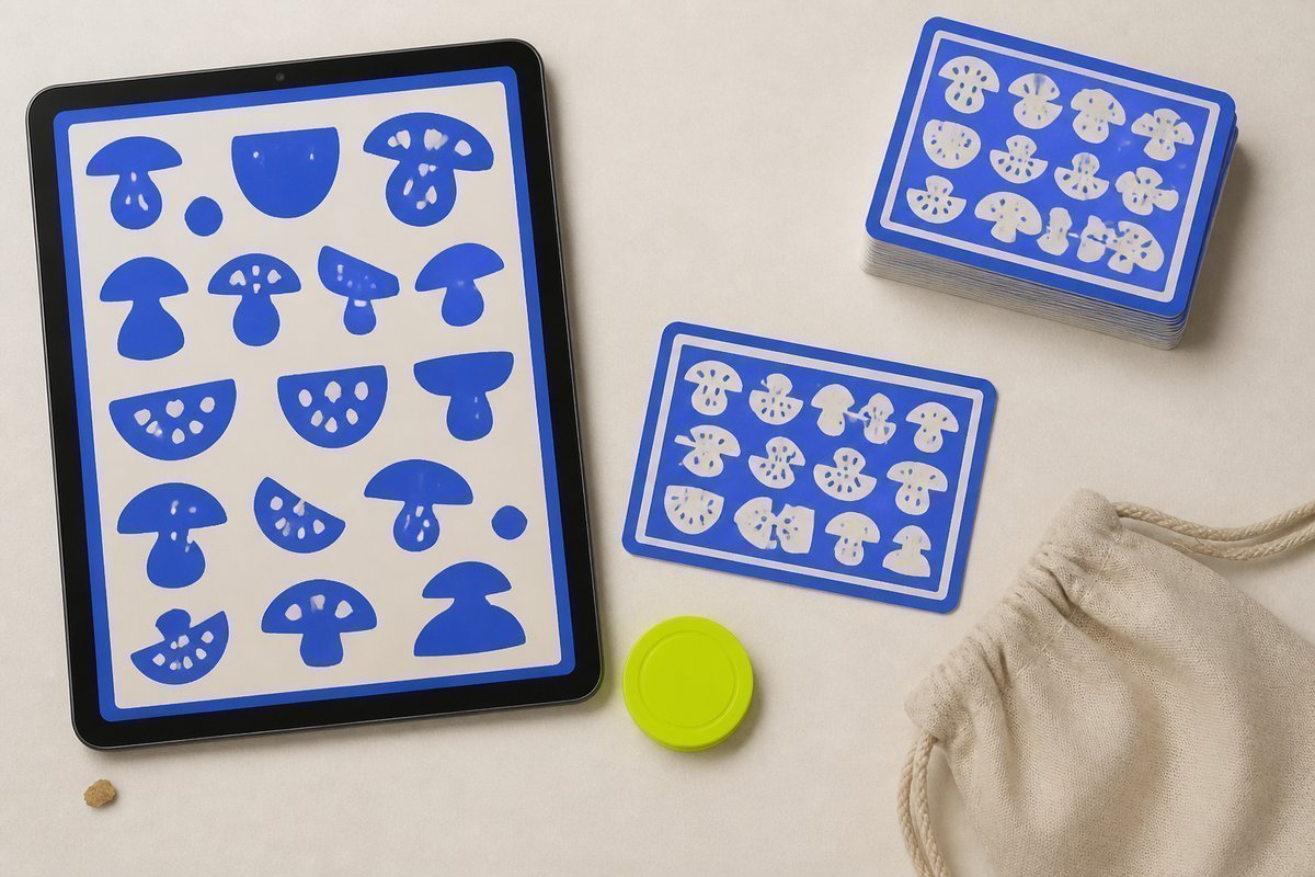 Bone review card, cobalt edge, lime chip: tablet with or without a crumb