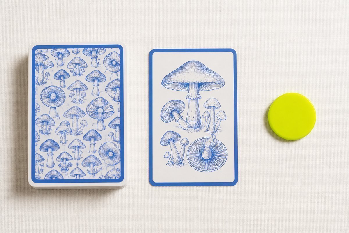 Bone review card, cobalt edge, lime chip: potassium chip up