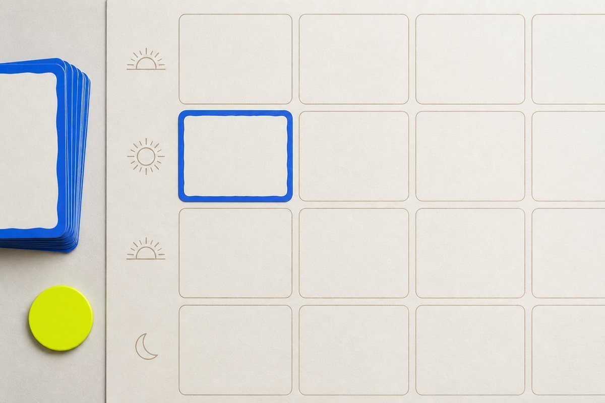 Bone review card, cobalt edge, lime chip: empty daily slot