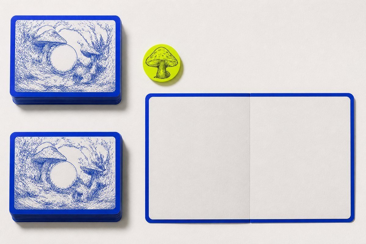 Bone review card, cobalt edge, lime chip: survival tables closed, label card open