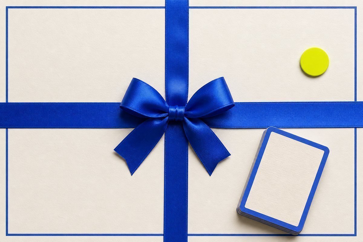 Bone review card, cobalt edge, lime chip: boxed stop ribbon