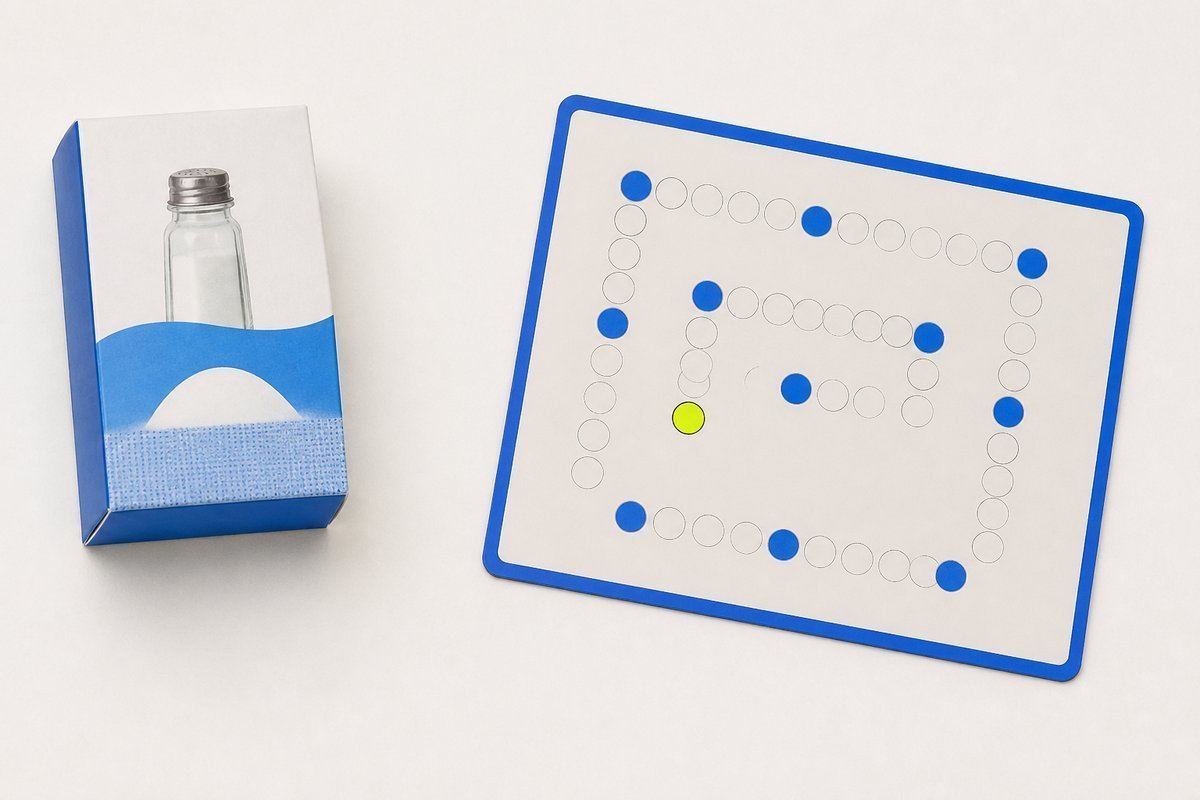 Bone review card, cobalt edge, lime chip: salt-substitute box far from 20 mg