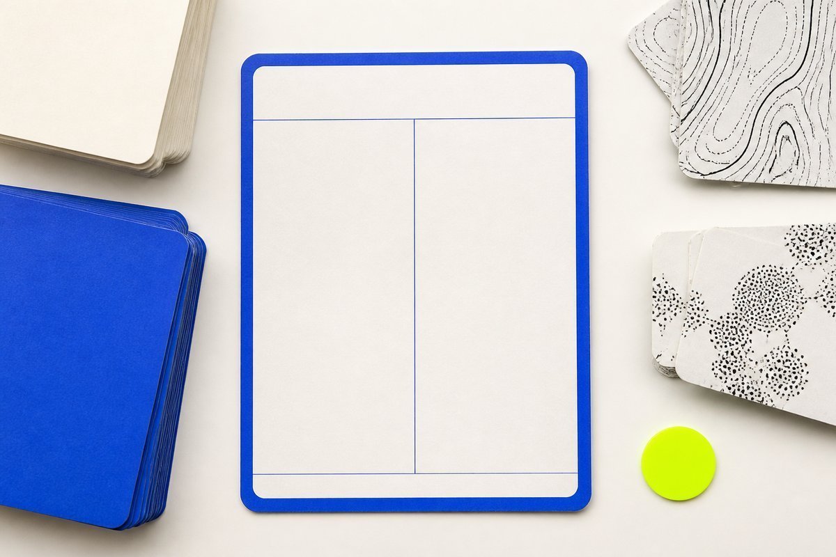 Bone review card, cobalt edge, lime chip: two names, 850 tablet