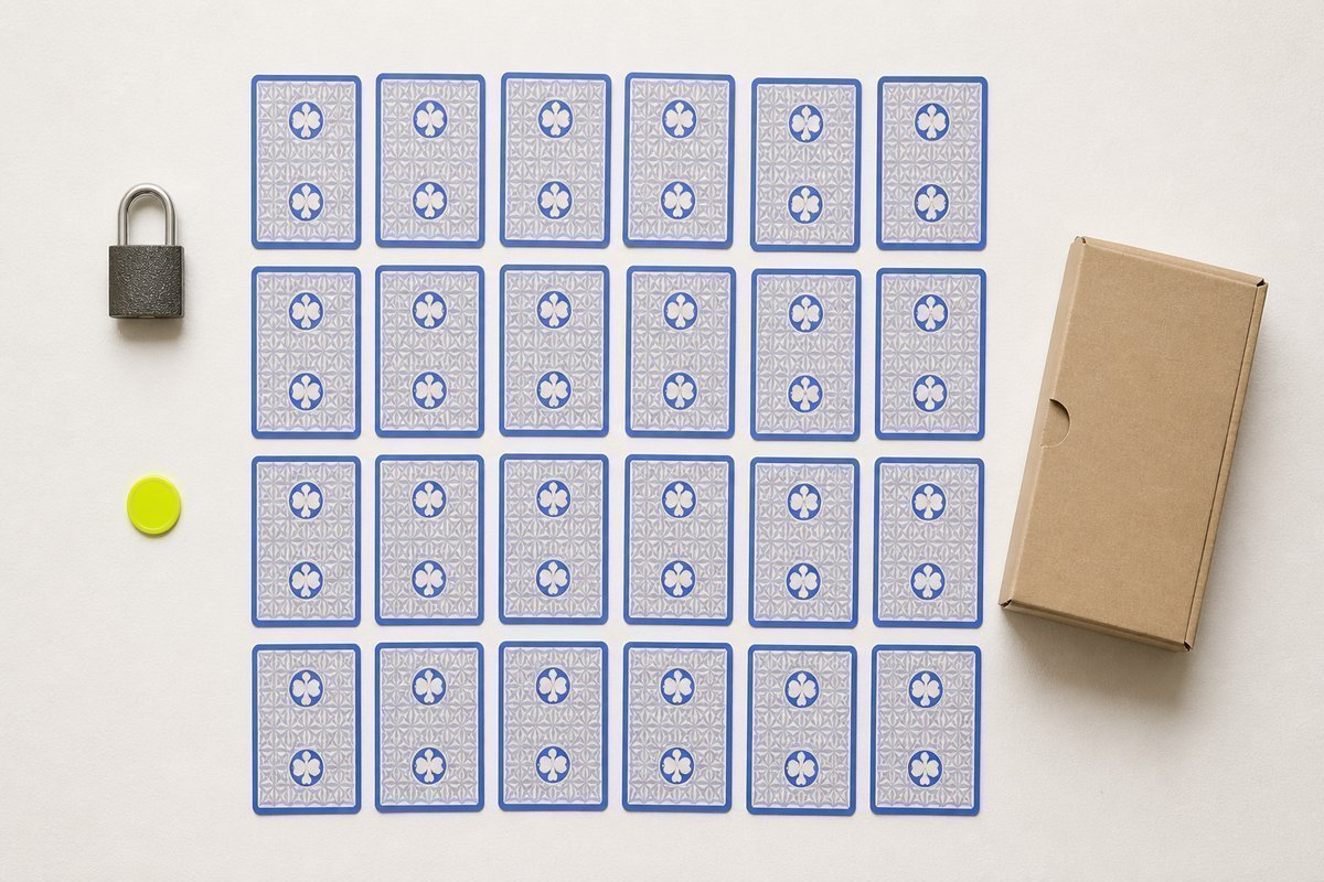 Bone review card, cobalt edge, lime chip: 20 lock, export carton aside