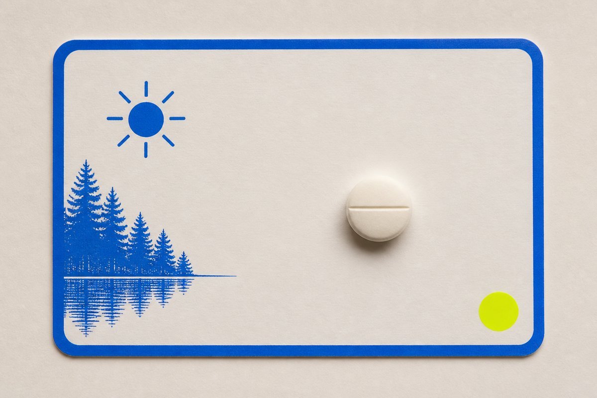 Bone review card, cobalt edge, lime chip: 40 mg tablet on a morning card