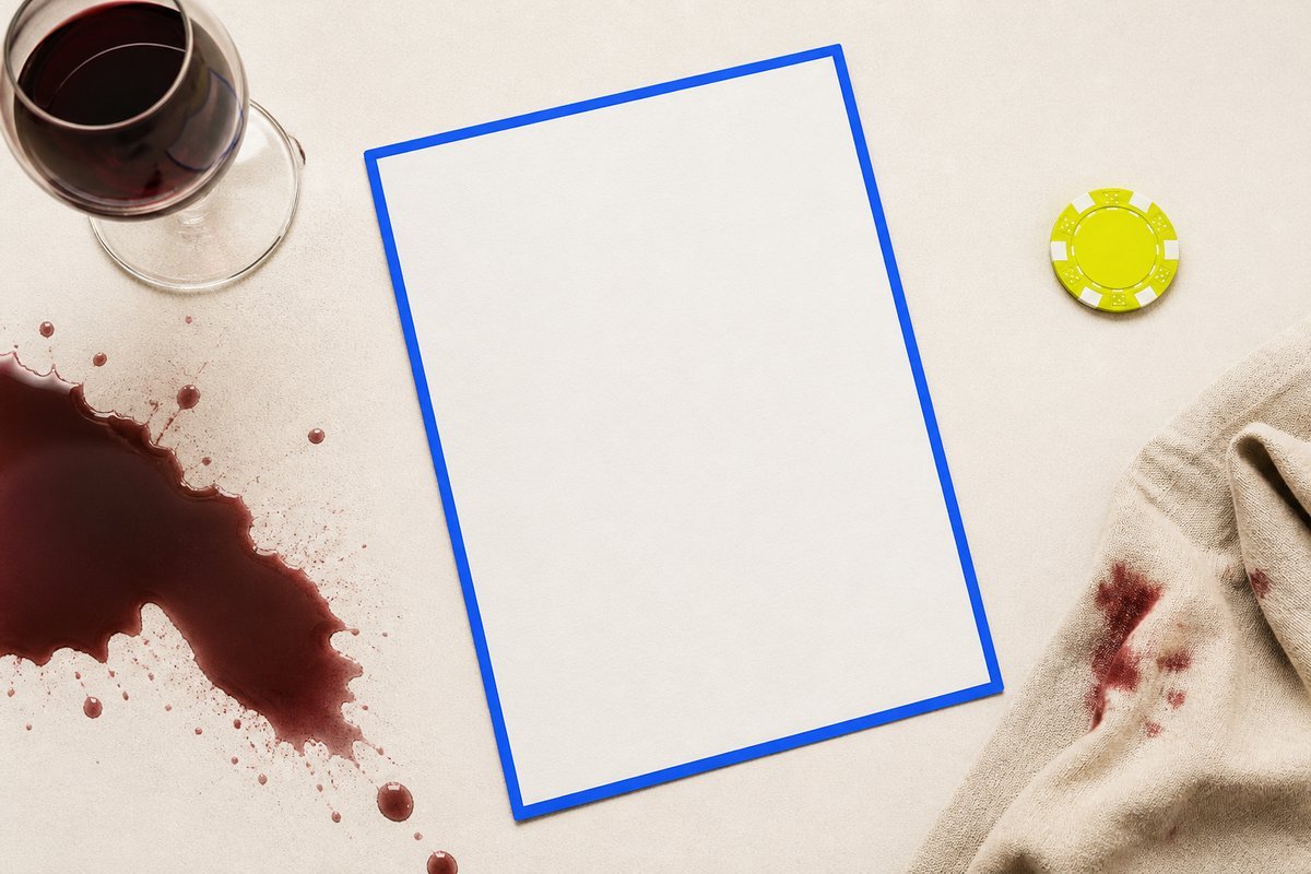 Bone review card, cobalt edge, lime chip: wine plus extra volume loss
