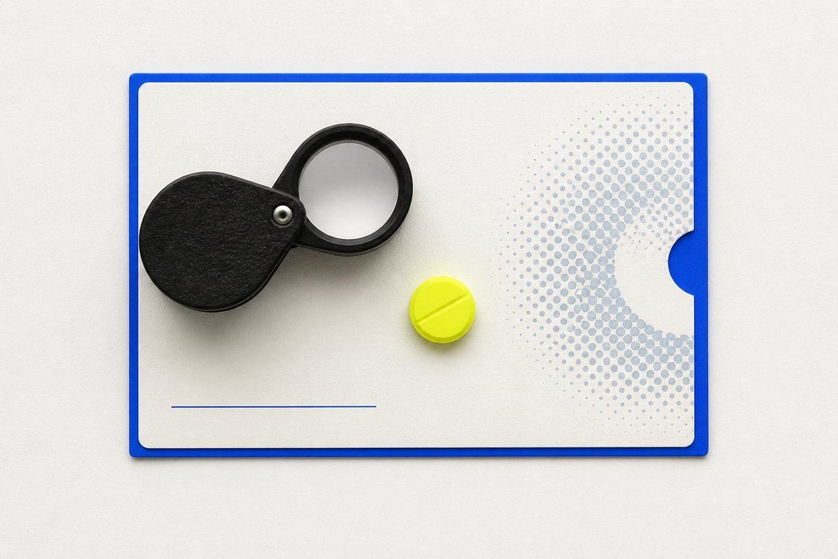 Bone review card, cobalt edge, lime chip: loupe on a furosemide mailer