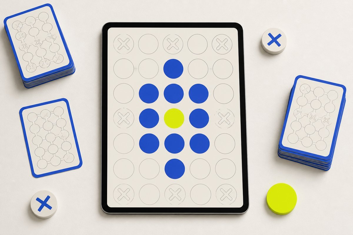 Bone review card, cobalt edge, lime chip: two indication marks, one tablet aligned