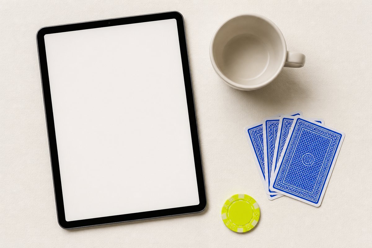 Bone review card, cobalt edge, lime chip: tablet with a plain cup