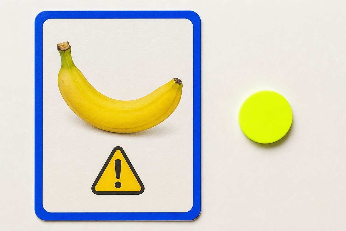 Bone review card, cobalt edge, lime chip: banana-yellow chip, potassium caution