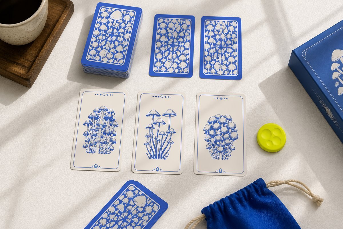 Bone review card, cobalt edge, lime chip: morning window, not a night lamp