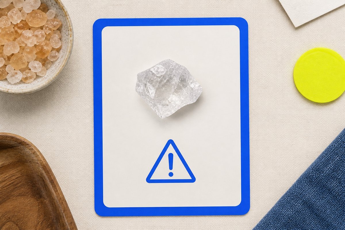 Bone review card, cobalt edge, lime chip: salt crystal chip, sodium caution