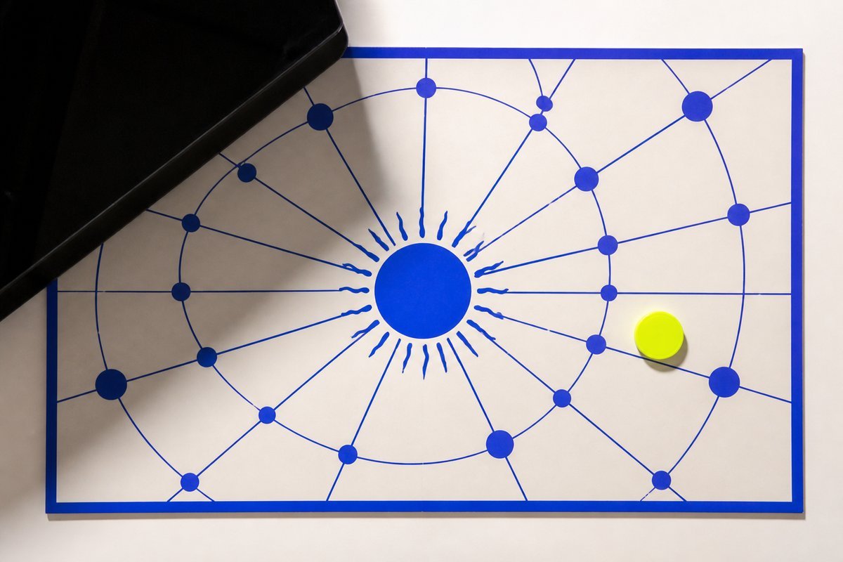 Bone review card, cobalt edge, lime chip: sun disk, tablet in shade