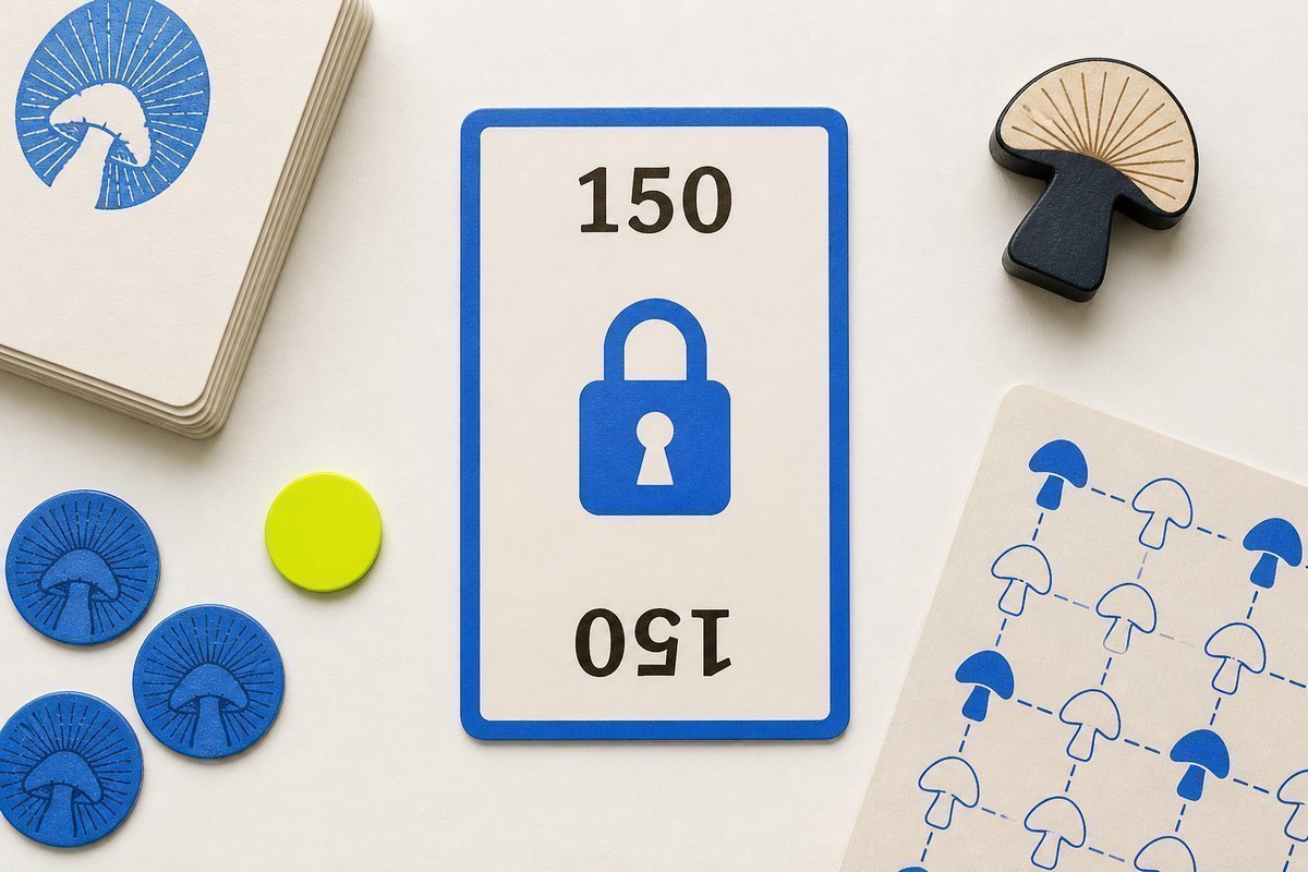 Bone review card, cobalt edge, lime chip: 150 lock card