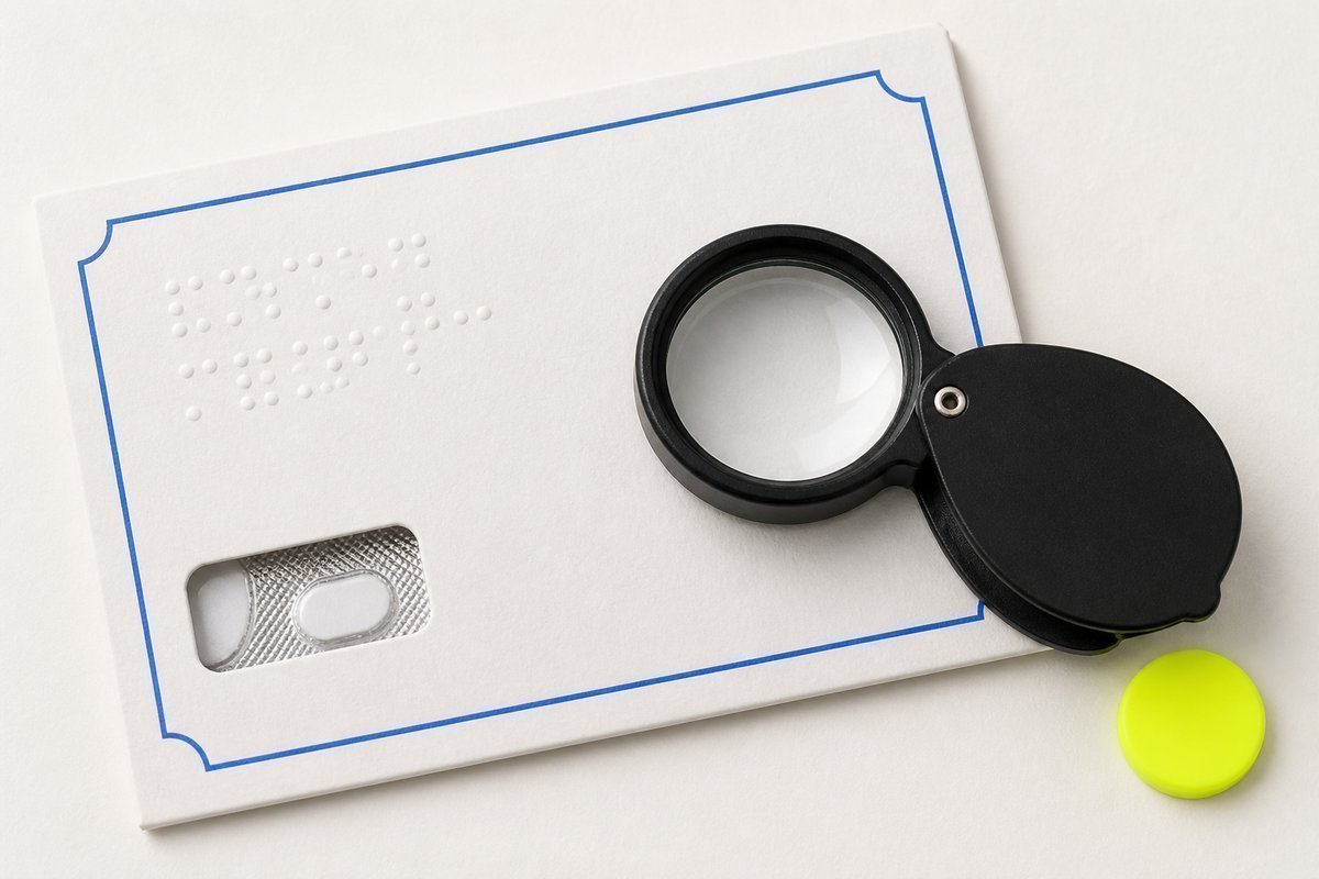 Bone review card, cobalt edge, lime chip: loupe on a pregabalin mailer