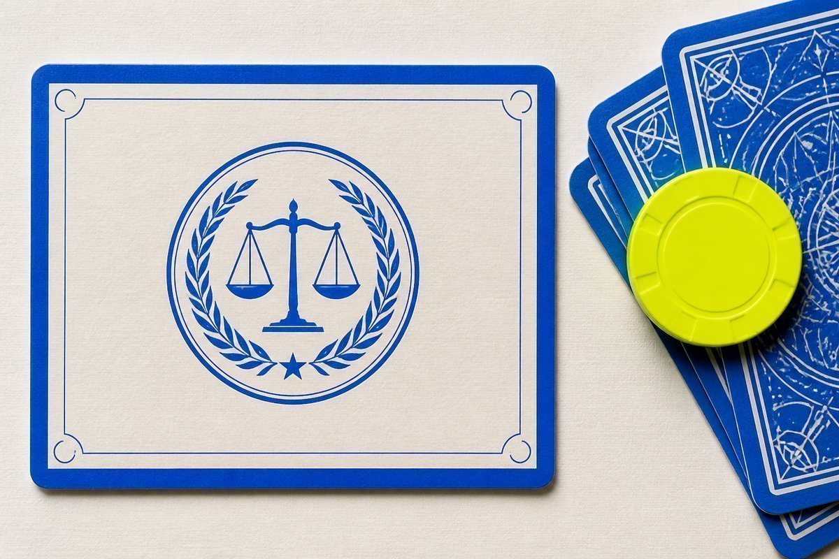 Bone review card, cobalt edge, lime chip: controlled-substance seal, no panic art