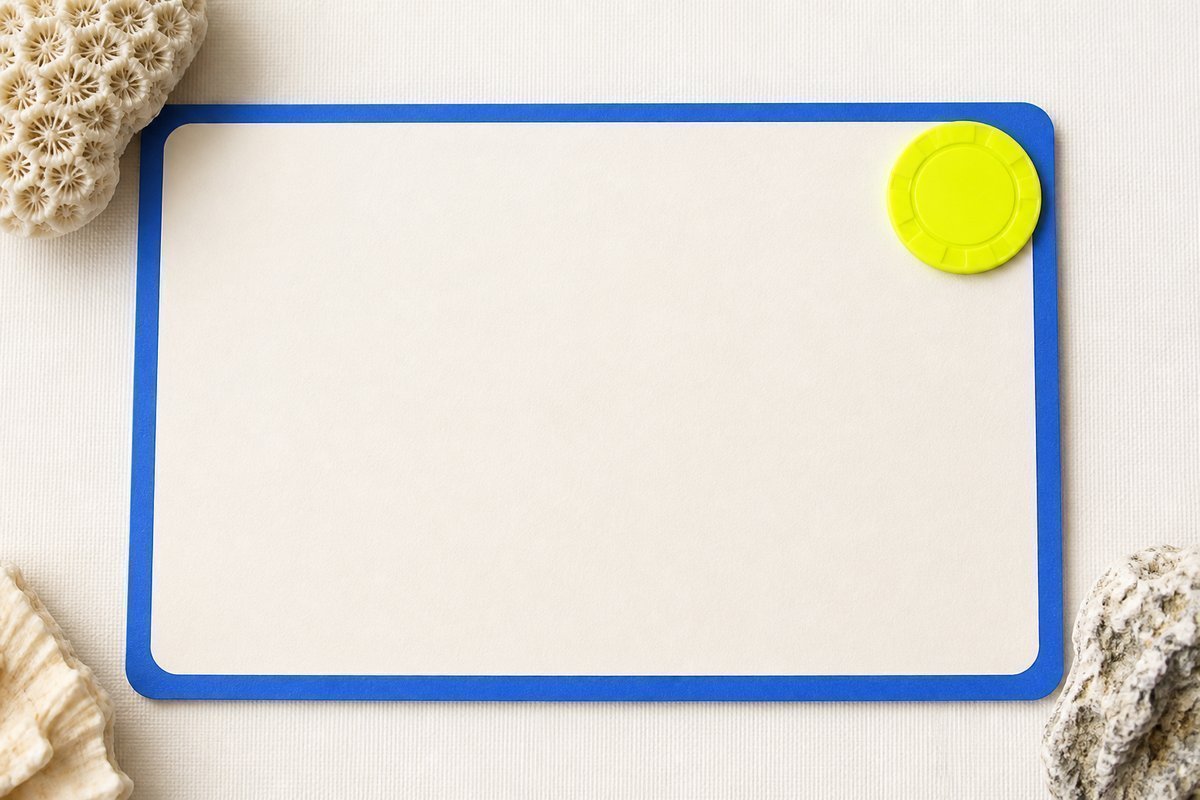 Bone review card, cobalt edge, lime chip: keys down