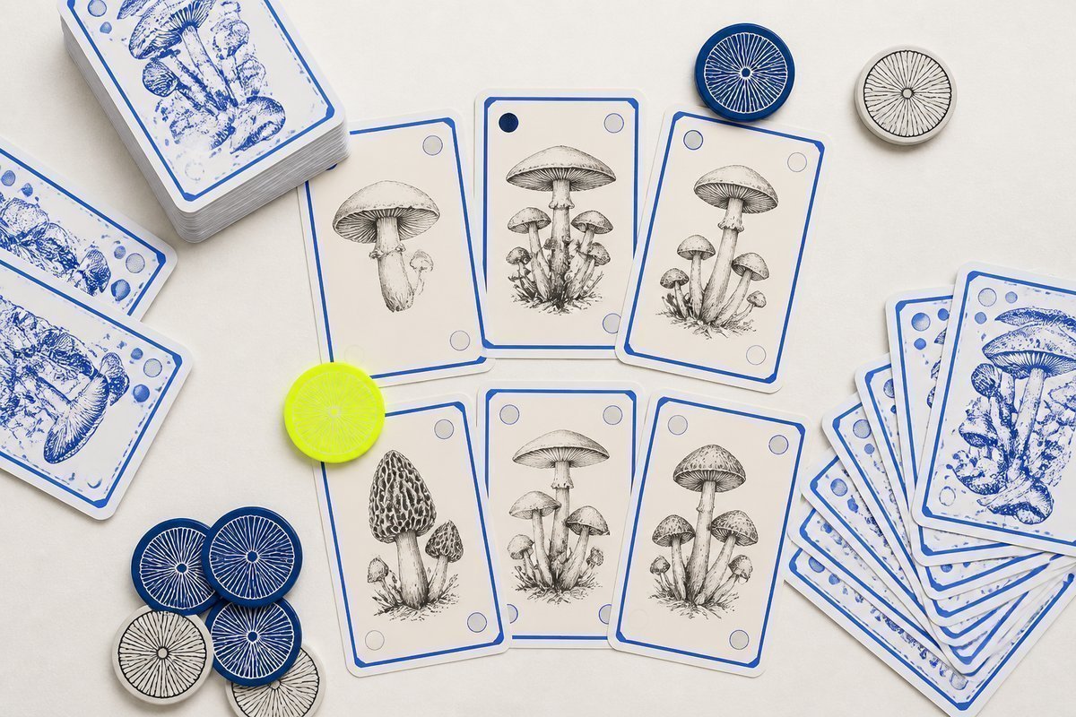 Bone review card, cobalt edge, lime chip: ceiling toward 600, 150 in front