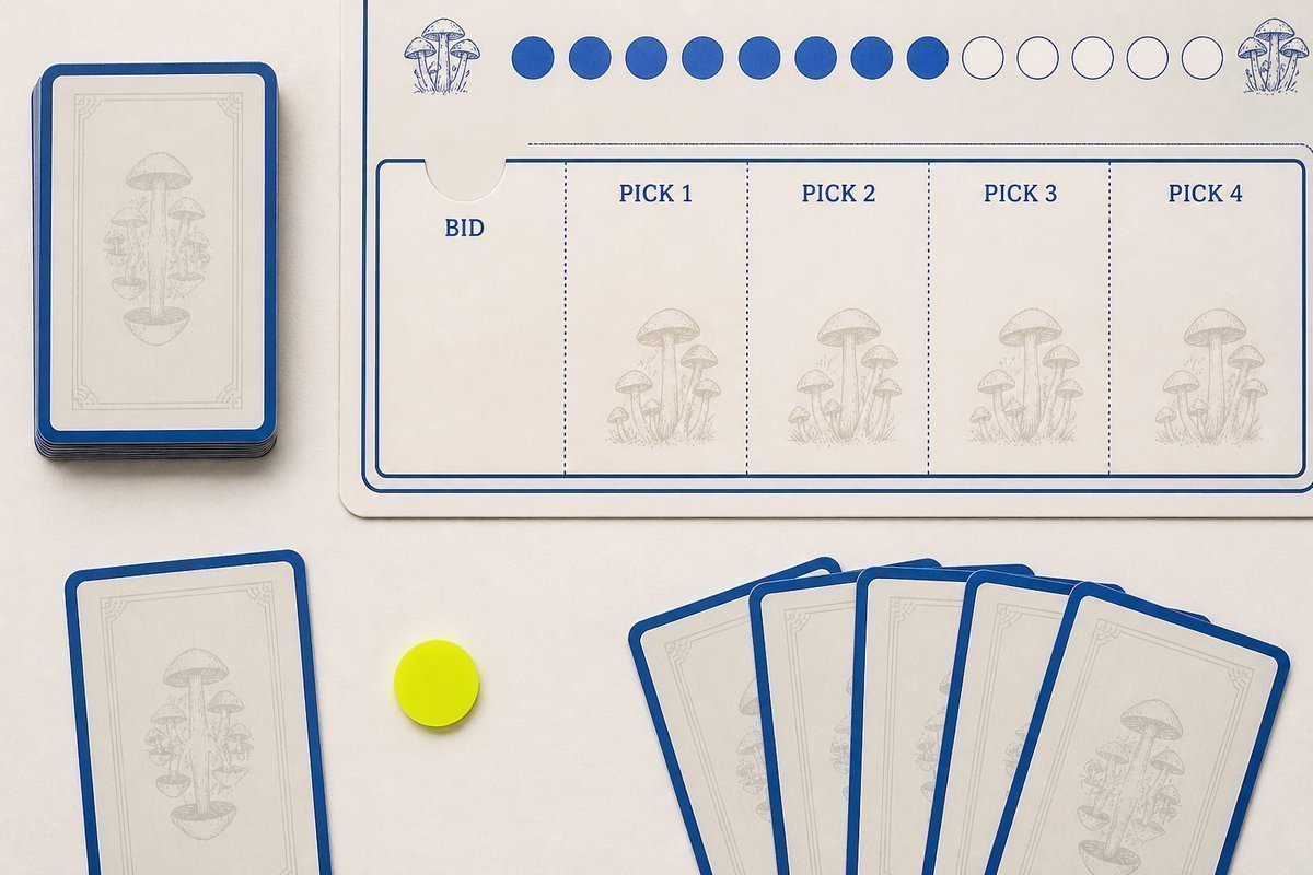 Bone review card, cobalt edge, lime chip: empty BID slot
