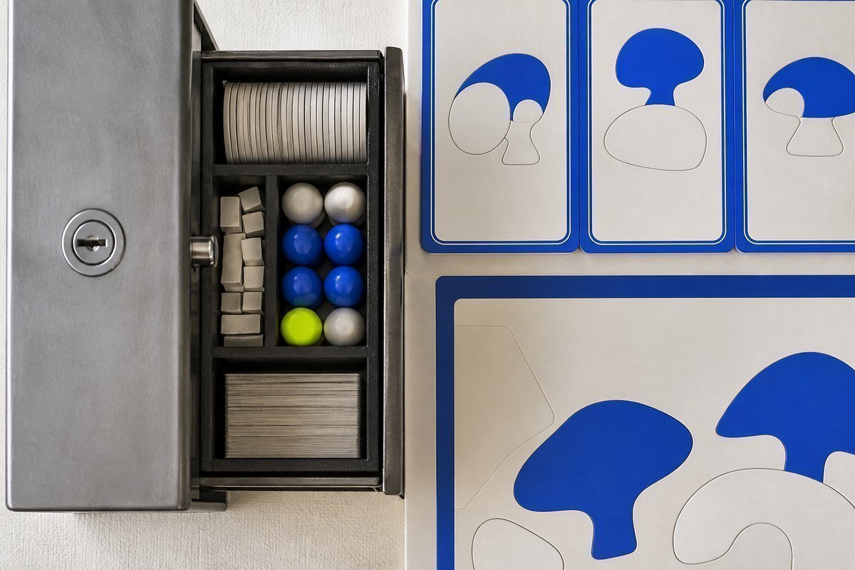 Bone review card, cobalt edge, lime chip: locked capsule drawer