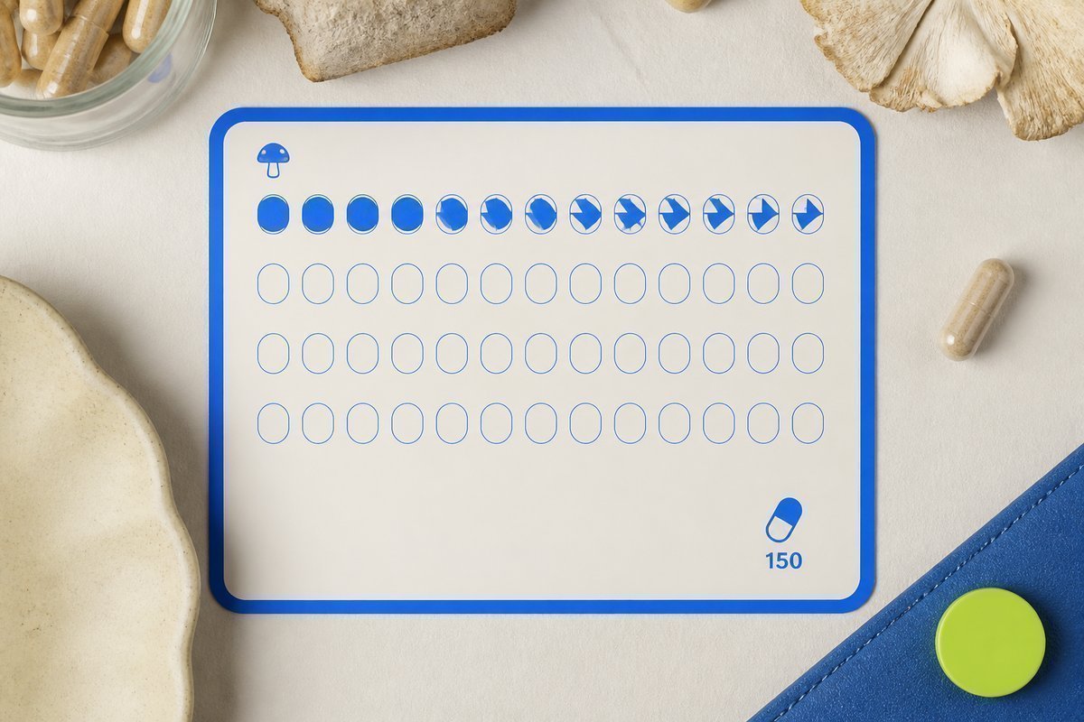 Bone review card, cobalt edge, lime chip: first-week marks, 150 capsule