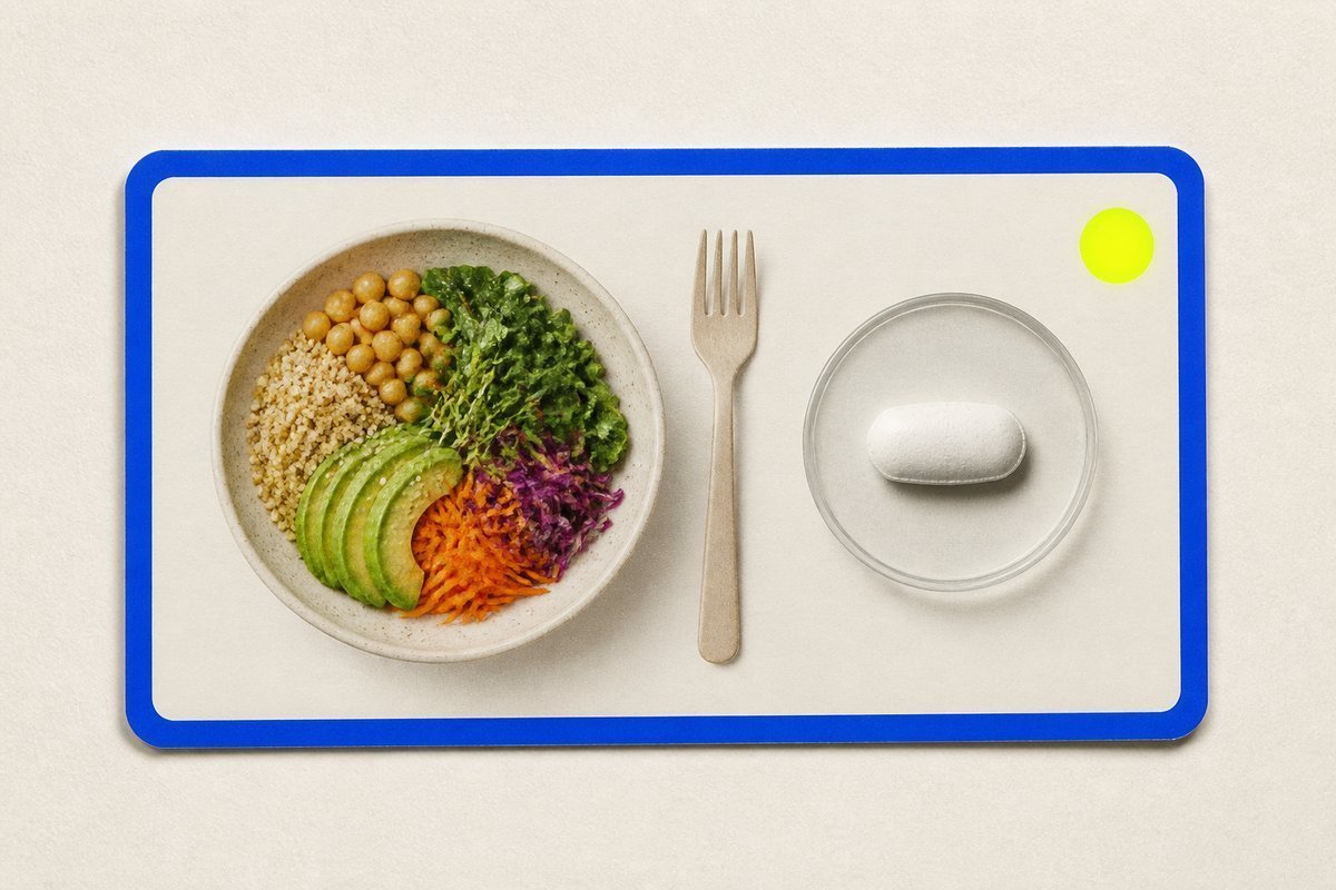 Bone review card, cobalt edge, lime chip: 850 mg tablet on a meal card