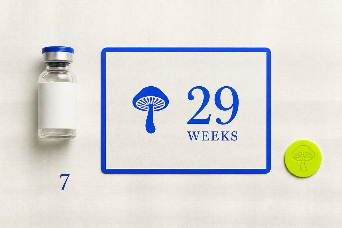 Bone review card, cobalt edge, lime chip: B12 vial, 29-week chip, 7 left quiet as a small mark