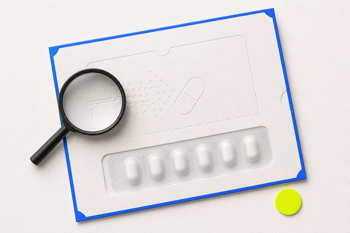 Bone review card, cobalt edge, lime chip: loupe on a metformin mailer