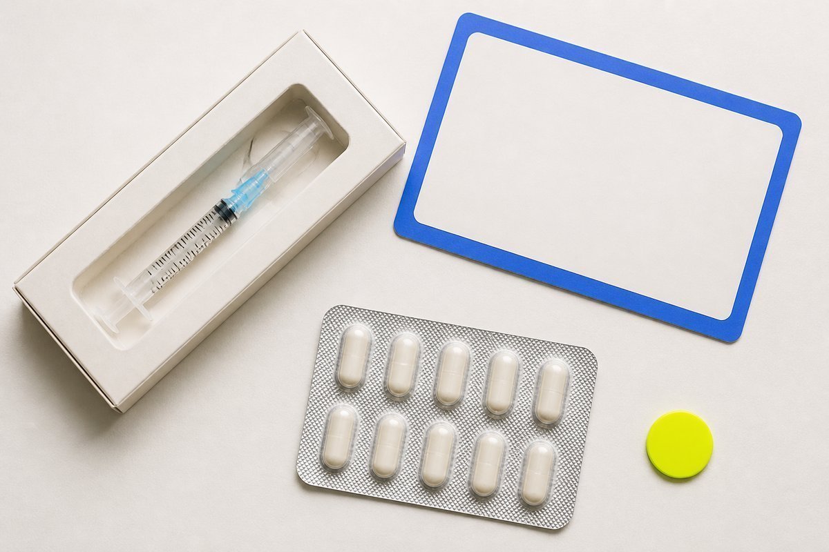 Bone review card, cobalt edge, lime chip: contrast syringe boxed, tablet held