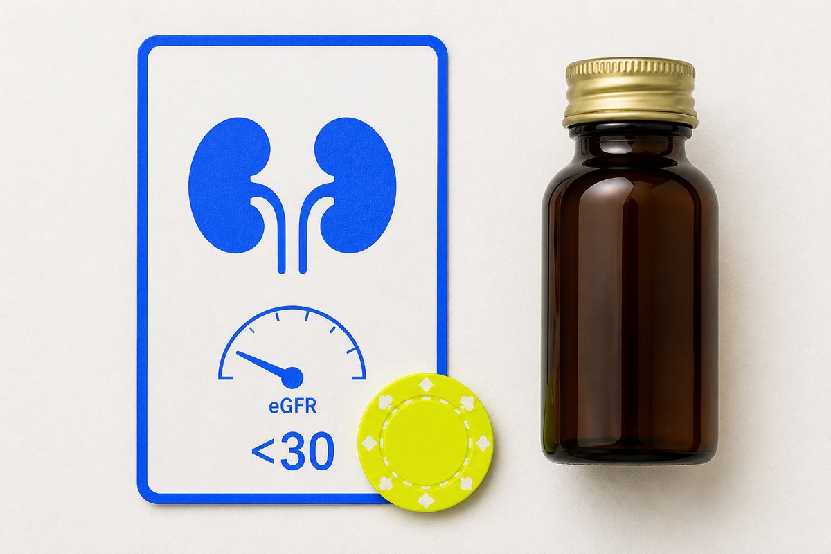 Bone review card, cobalt edge, lime chip: eGFR under 30, bottle closed