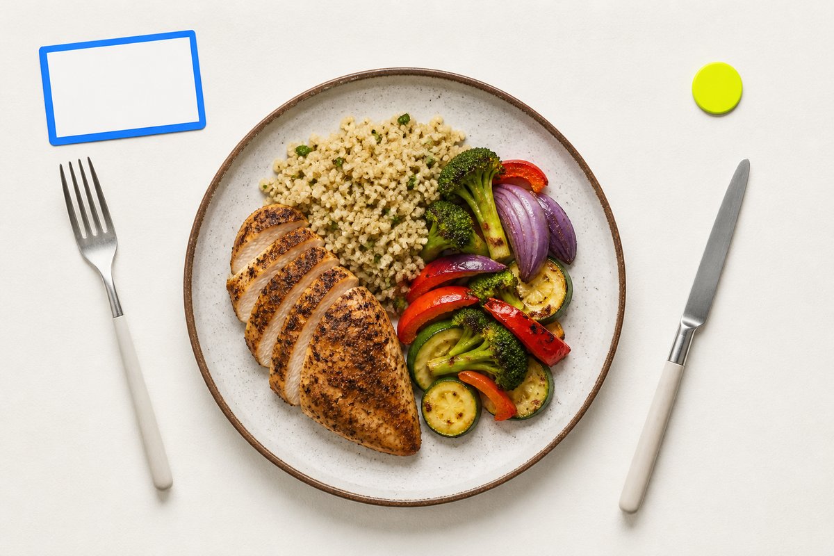 Bone review card, cobalt edge, lime chip: 850 with a meal plate