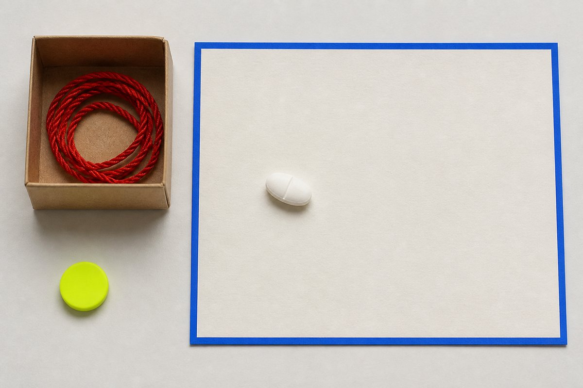 Bone review card, cobalt edge, lime chip: boxed warning thread