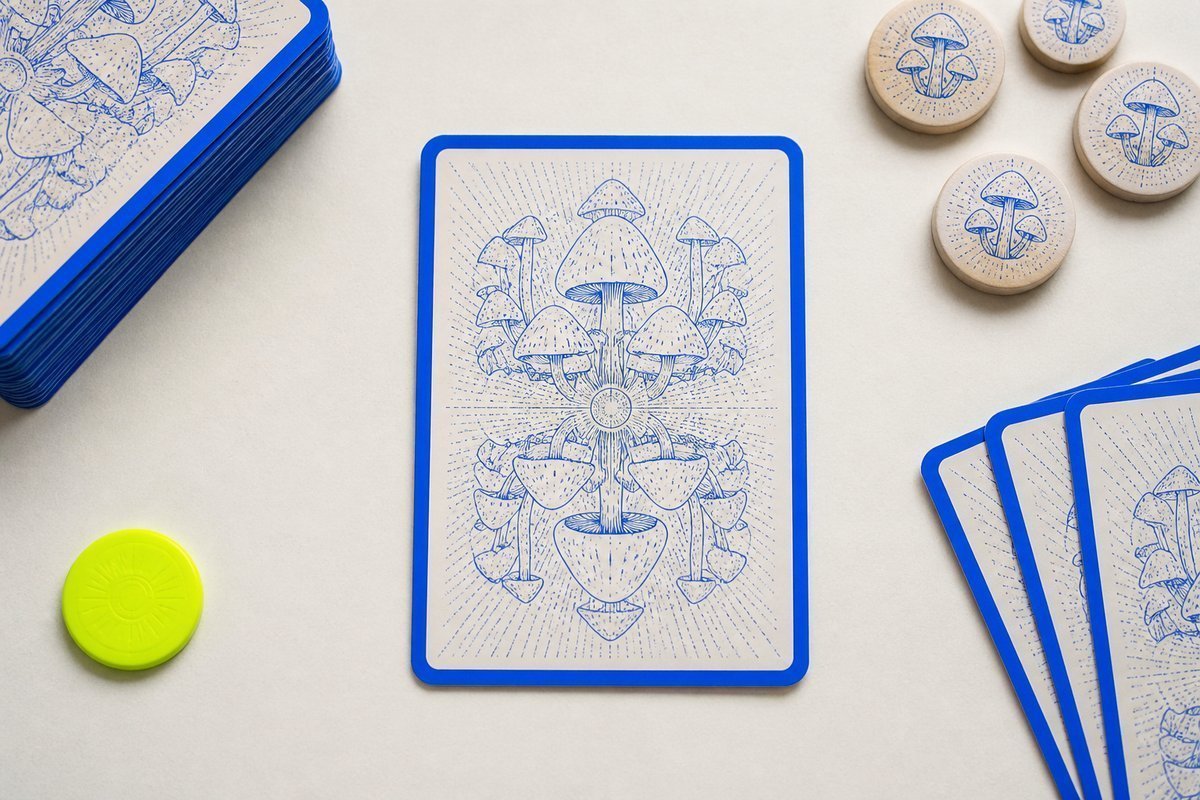 Bone review card, cobalt edge, lime chip: ceiling toward 2550, 850 in front